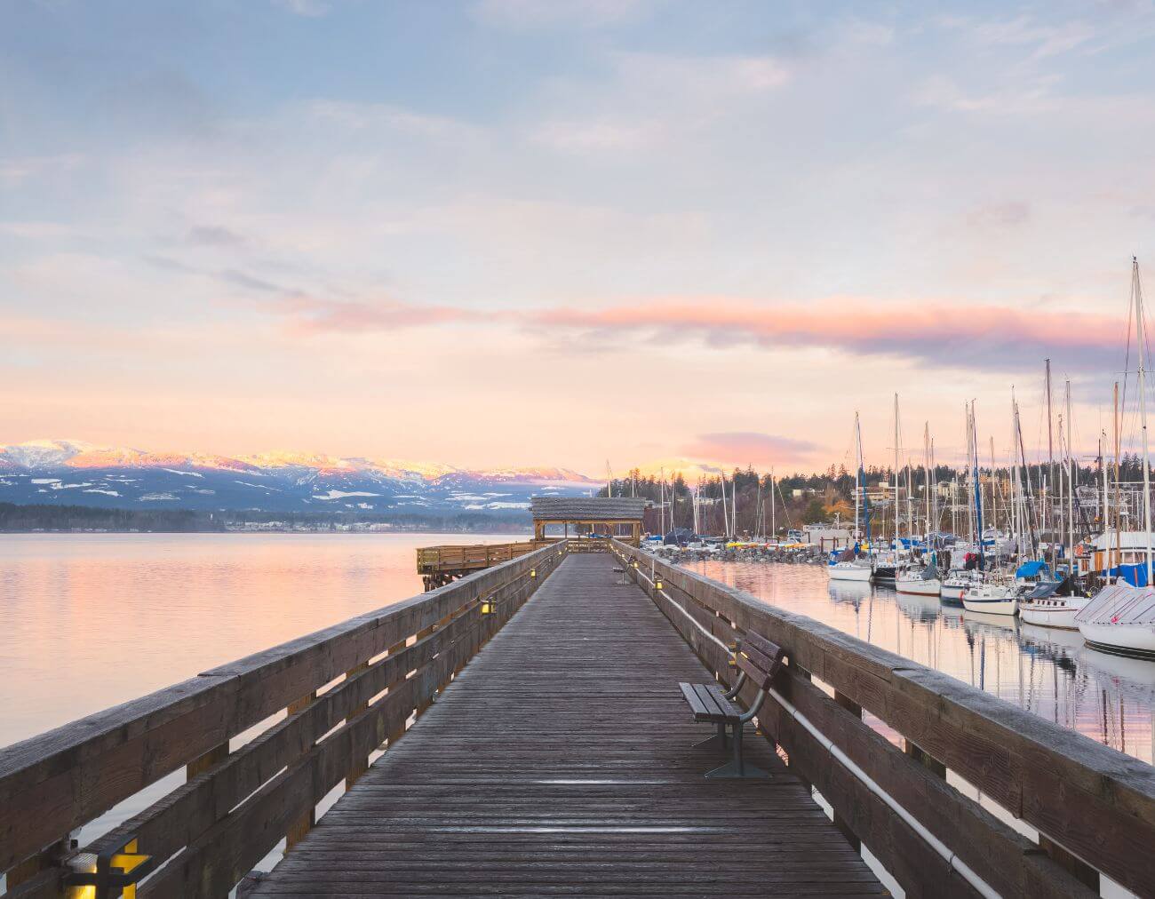 Photo of Comox Valley ocean and walkway, blue sky in the background