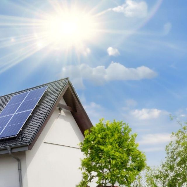 Energy efficient home with birds flying and blue skies